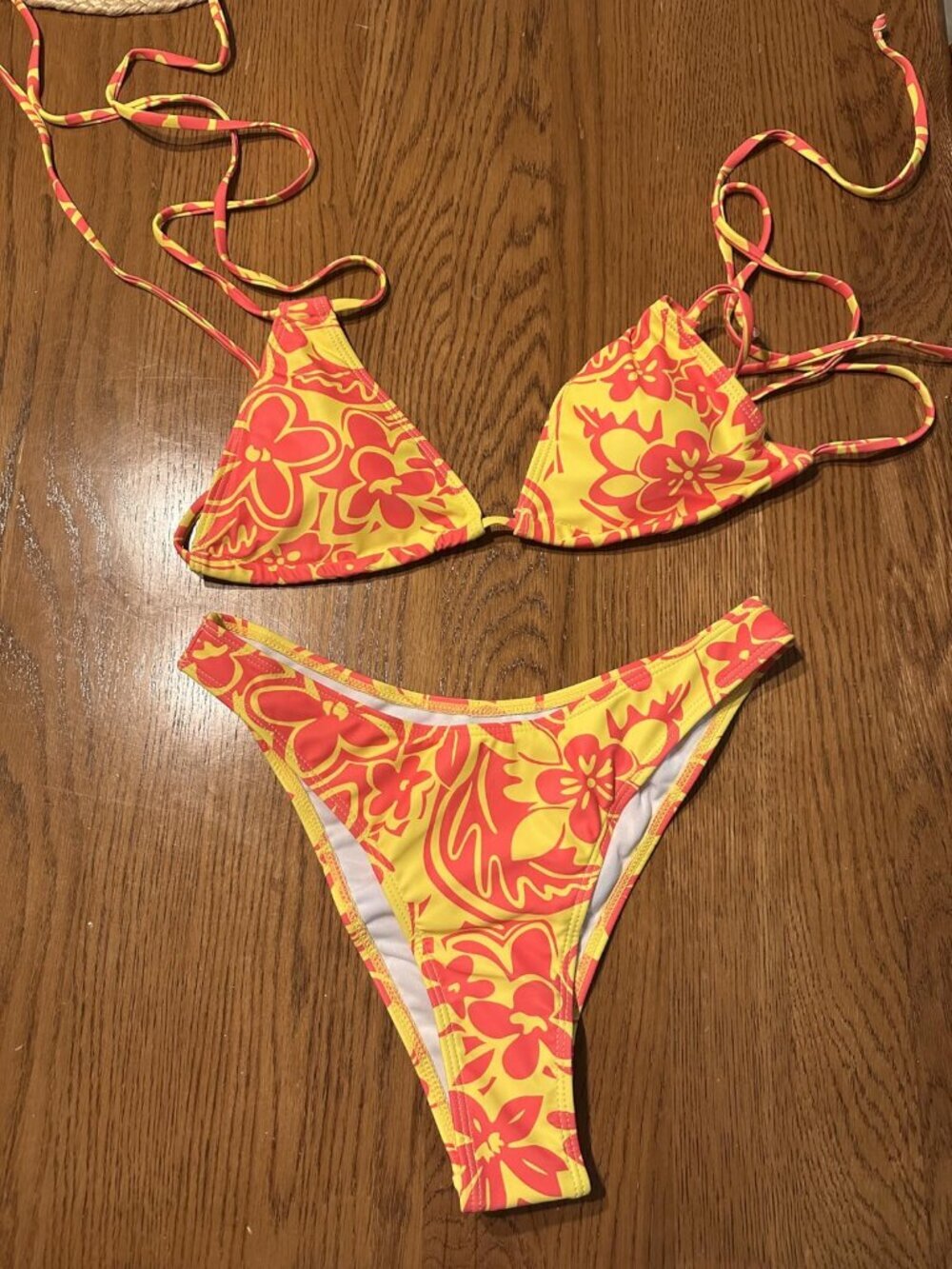 🌺 Peuiox Floral Triangle Bikini Set Yellow Pink NWT XS 🌴